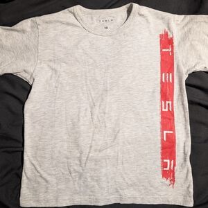 Tesla Light Gray Tee with Vertical Red Brushstroke Logo